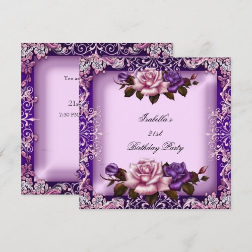 Elegant Pink Purple Lilac Rose Birthday Party Custom Announcements