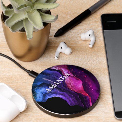 Elegant pink purple marble art faux glitter  lugga wireless charger 