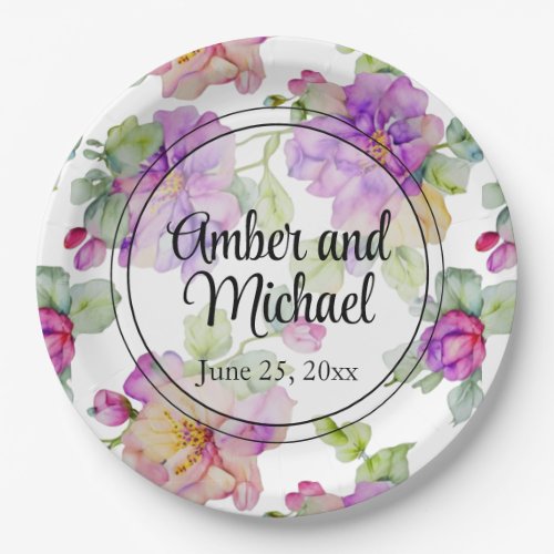 Elegant pink purple orange watercolor floral paper plates