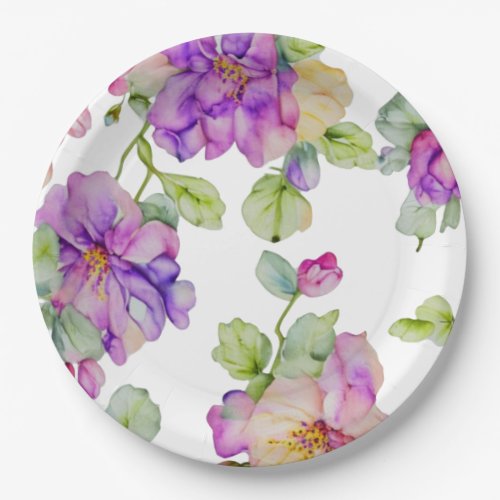 Elegant pink purple orange watercolor floral paper plates