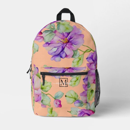 Elegant pink purple orange watercolor floral printed backpack