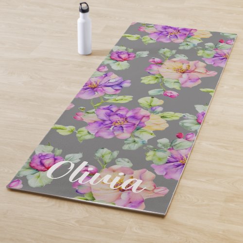 Elegant pink purple orange watercolor floral yoga mat