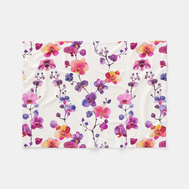 Elegant pink purple orchid pattern fleece blanket (Front (Horizontal))