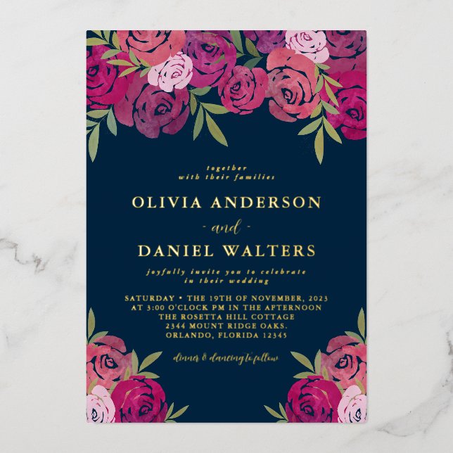 Elegant Pink & Purple Roses Blue Wedding Gold Foil Invitation (Front)