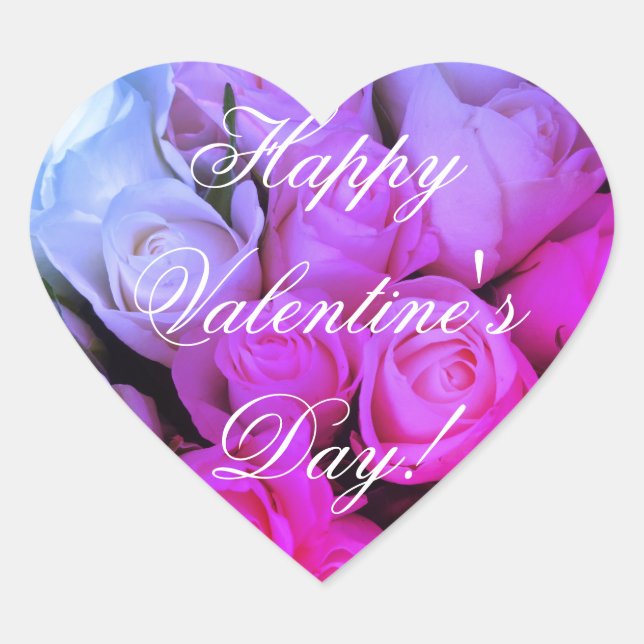 Elegant Pink Purple Roses Floral Happy Valentine Heart Sticker (Front)