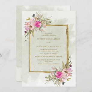 Elegant Pink Purple Sage Green Leaves Gold Invitation