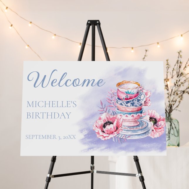 Elegant Pink Purple Tea Party Birthday Foam Board (In Situ (Stand))