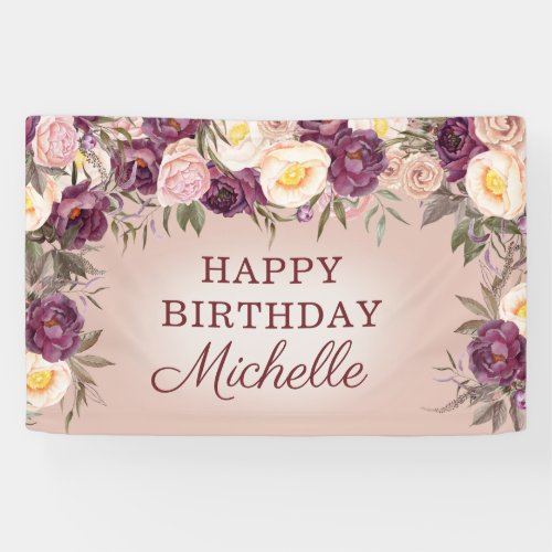 Elegant Pink Purple Vintage Peonies Happy Birthday Banner