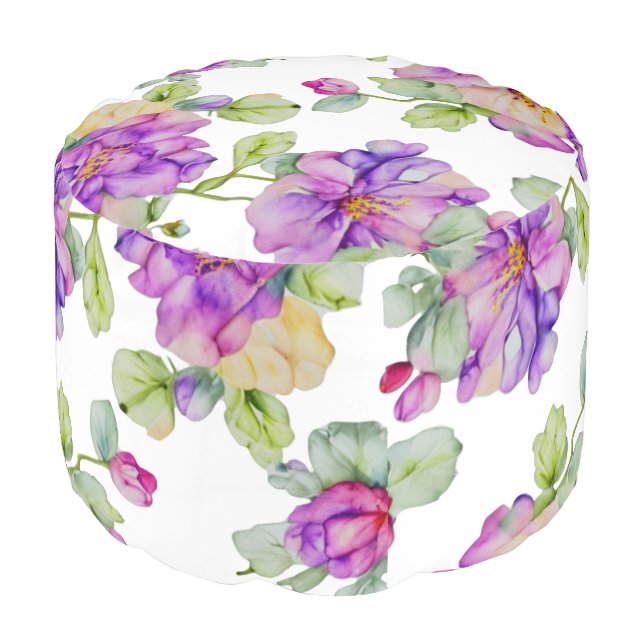 Elegant pink purple watercolor floral pouf (Angled Front)
