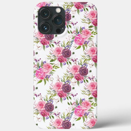 Elegant Pink Purple Watercolor Floral Roses White  iPhone 13 Pro Max Case