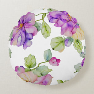 Elegant pink purple watercolor floral round pillow