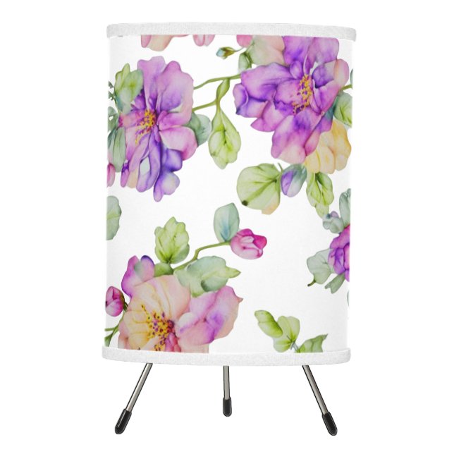 Elegant pink purple watercolor floral tripod lamp (Front)