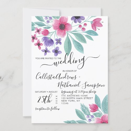 Elegant Pink Purple Watercolor Floral Wedding Invitation