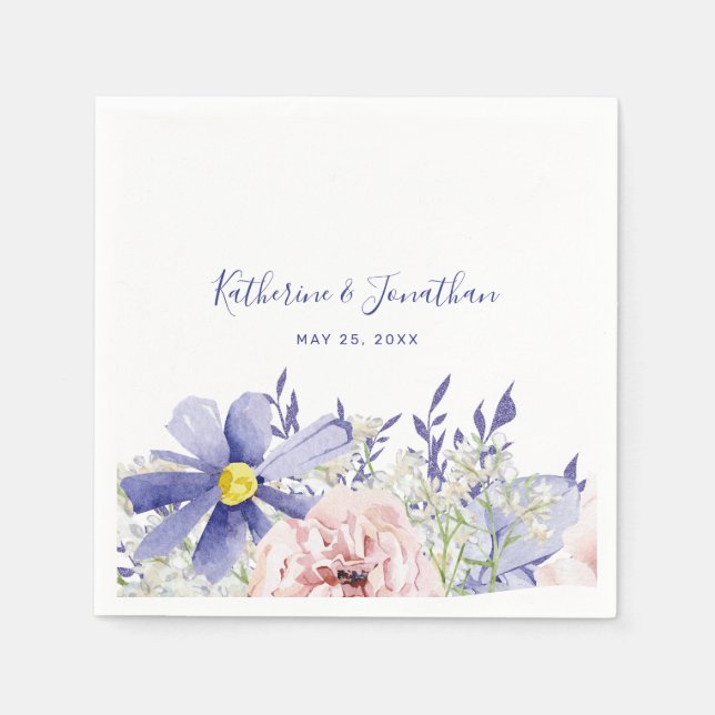 Elegant Pink Purple Watercolor Floral Wedding Napkins (Front)