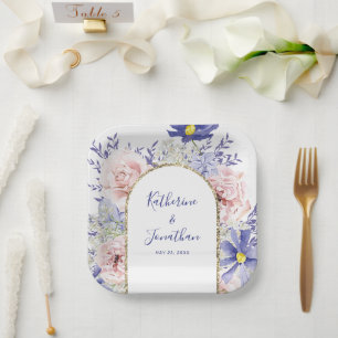 Elegant Pink Purple Watercolor Floral Wedding Paper Plates