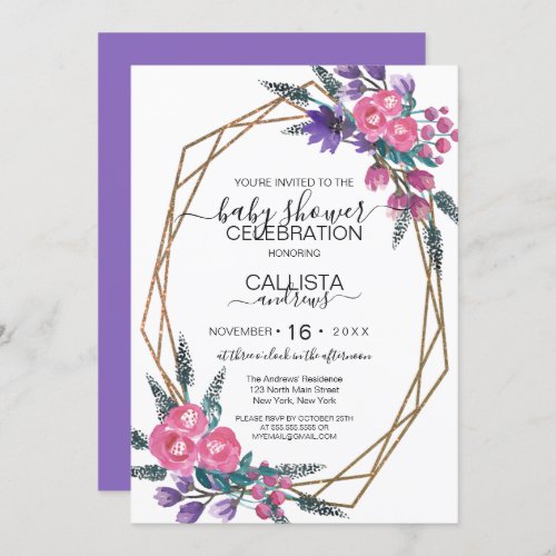 Elegant Pink Purple Watercolor Flowers Baby Shower Invitation