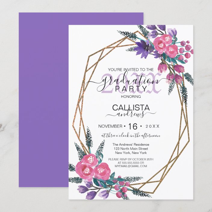 Elegant Pink Purple Watercolor Flowers Graduation Invitation