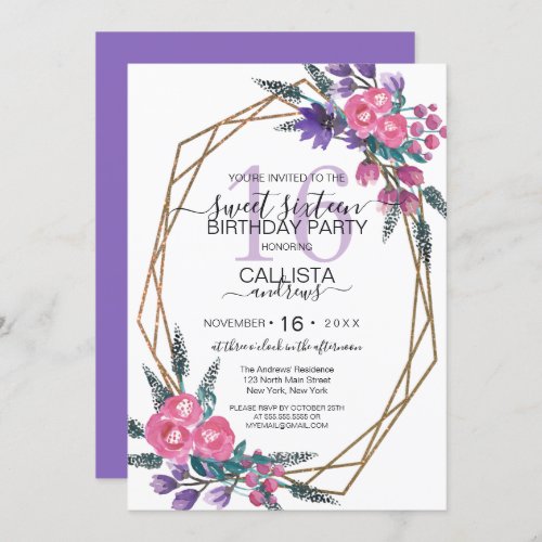 Elegant Pink Purple Watercolor Flowers Sweet 16 Invitation