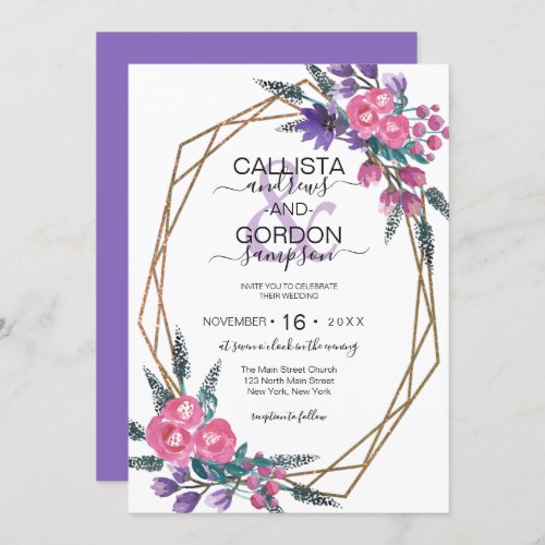 Elegant Pink Purple Watercolor Flowers Wedding Invitation