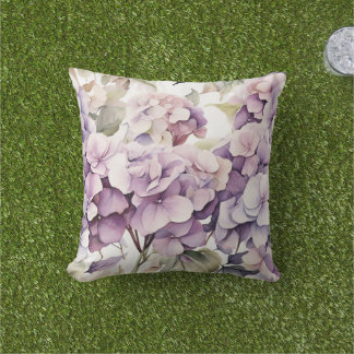 Elegant pink purple watercolor hydrangeas  outdoor pillow