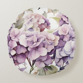 Elegant pink purple watercolor hydrangeas  round pillow