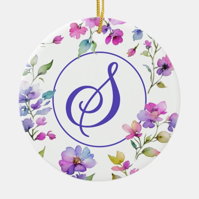 Elegant pink purple watercolor wildflowers  ceramic ornament (Front)