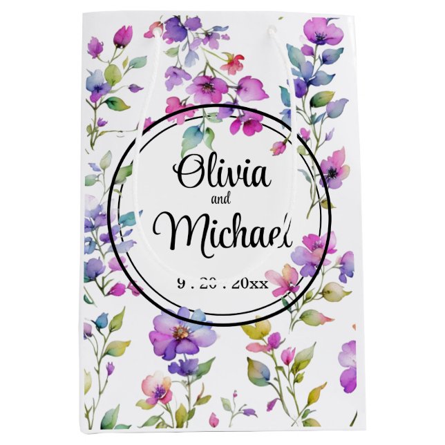 Elegant pink purple watercolor wildflowers  medium gift bag (Front)