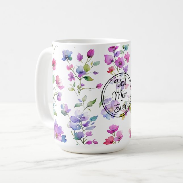 Elegant pink purple watercolor wildflowers Mom Coffee Mug (Front Left)