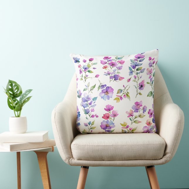 Elegant pink purple watercolor wildflowers  throw pillow (Chair)