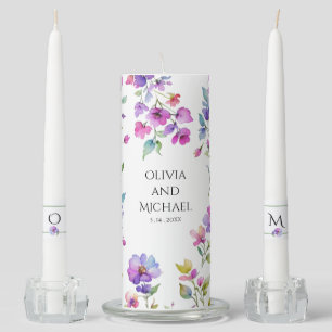 Elegant pink purple watercolor wildflowers unity candle set