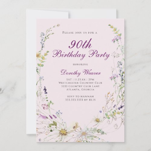 Elegant Pink Purple Wildflower 90th Birthday Party Invitation