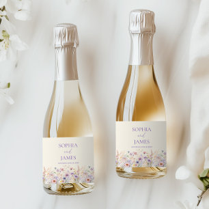 Elegant Pink Purple Wildflower Meadow Wedding Sparkling Wine Label