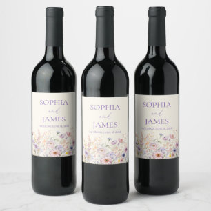 Elegant Pink Purple Wildflower Meadow Wedding Wine Label