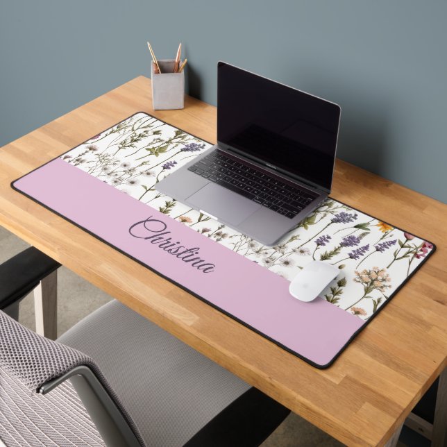 Elegant Pink Purple Wildflower Pattern Custom Name Desk Mat (Office 2)