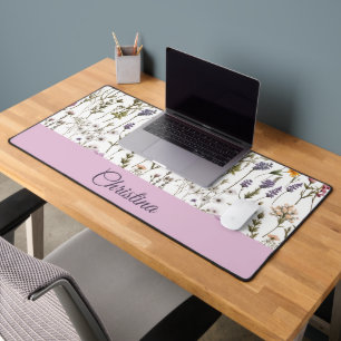 Elegant Pink Purple Wildflower Pattern Custom Name Desk Mat