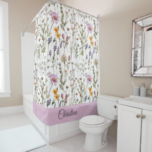 Elegant Pink Purple Wildflower Pattern Custom Name Shower Curtain