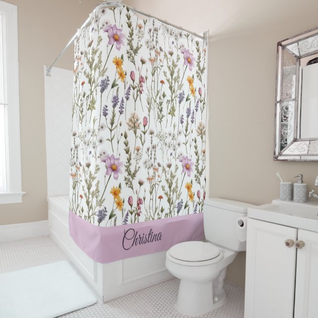 Elegant Pink Purple Wildflower Pattern Custom Name Shower Curtain (In Situ)