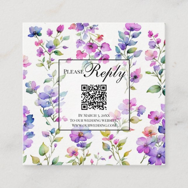 Elegant pink purple wildflowers QR code RSVP Enclosure Card (Front)