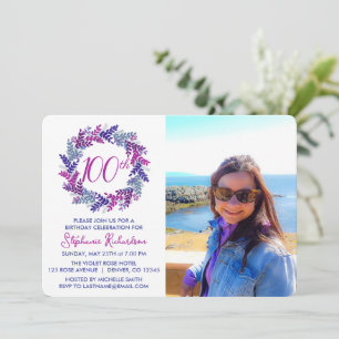 Elegant Pink Purple Wreath 100th Birthday Party Invitation