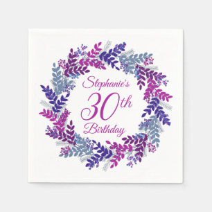 Elegant Pink Purple Wreath 30th Birthday Napkins