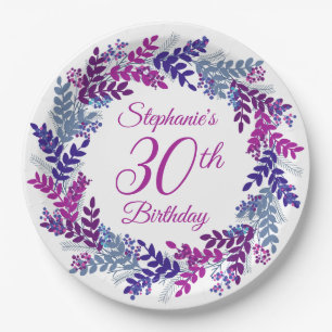 Elegant Pink Purple Wreath 30th Birthday Paper Plates