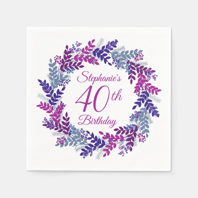 Elegant Pink Purple Wreath 40th Birthday Napkins (Front)