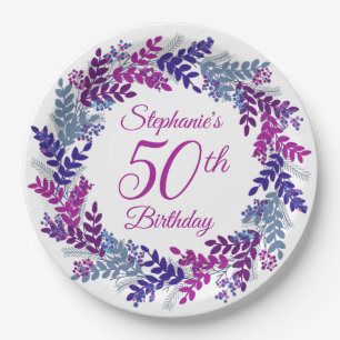Elegant Pink Purple Wreath 50th Birthday Paper Plates