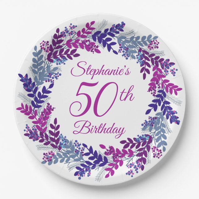 Elegant Pink Purple Wreath 50th Birthday Paper Plates (Front)