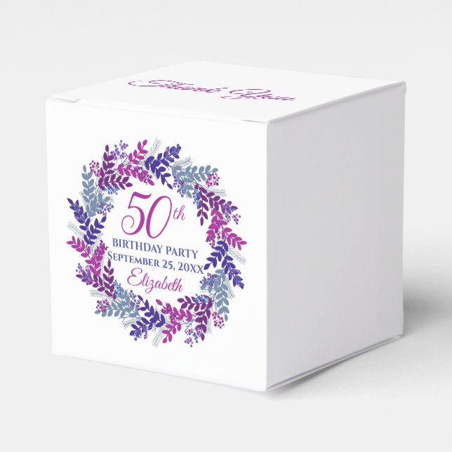 Elegant Pink Purple Wreath 50th Birthday Party Favor Boxes (Front Side)