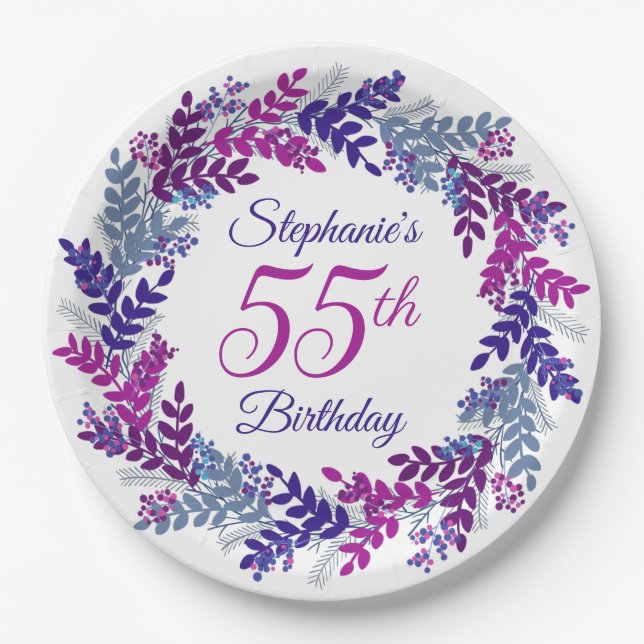 Elegant Pink Purple Wreath 55th Birthday Paper Plates (Front)