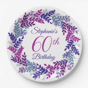 Elegant Pink Purple Wreath 60th Birthday Paper Plates