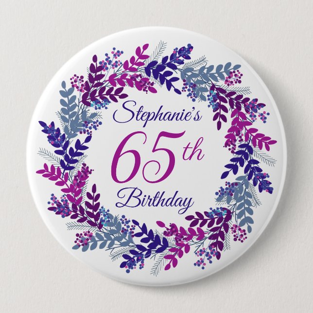 Elegant Pink Purple Wreath 65th Birthday Button (Front)