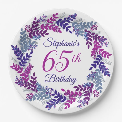 Elegant Pink Purple Wreath 65th Birthday Paper Plates