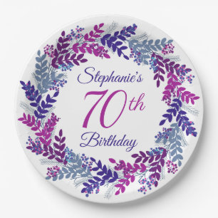 Elegant Pink Purple Wreath 70th Birthday Paper Plates